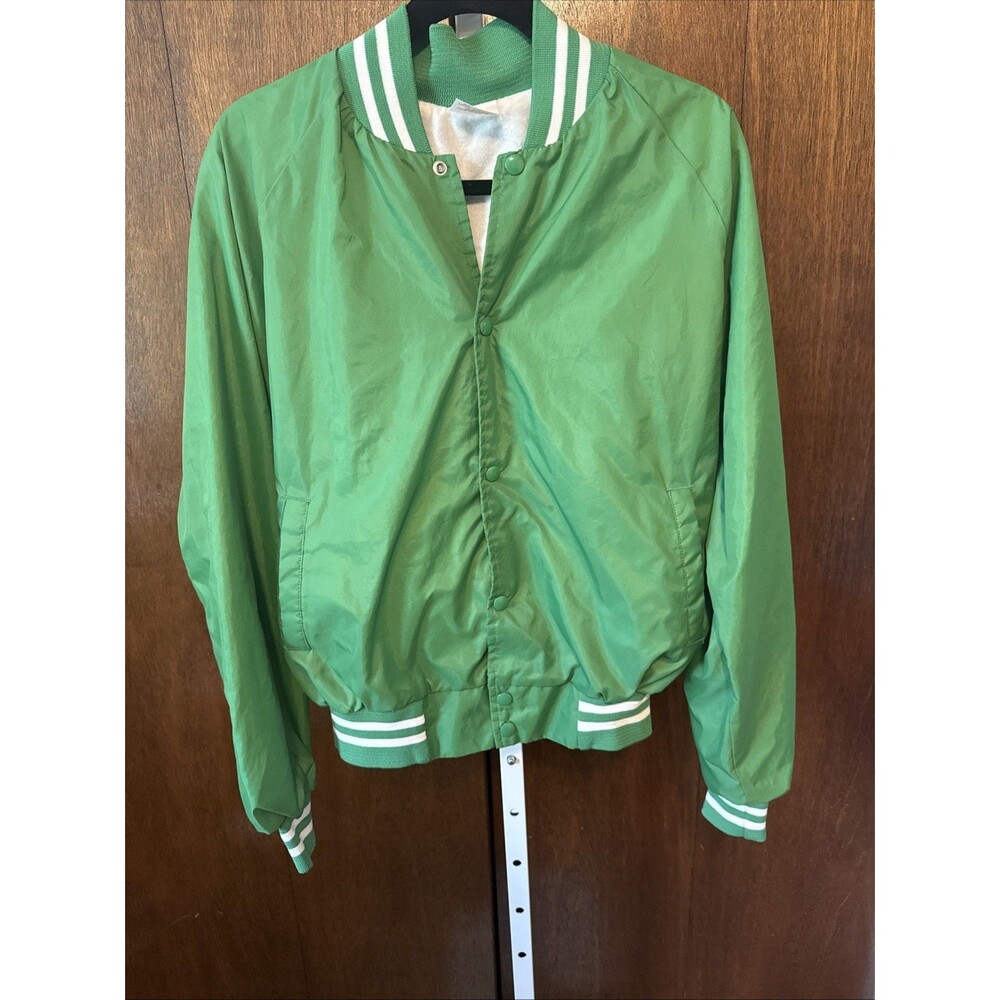 Vtg Auburn Nylon Bomber Jacket Mens L Green Snap Lined Preppy 80s Stripe